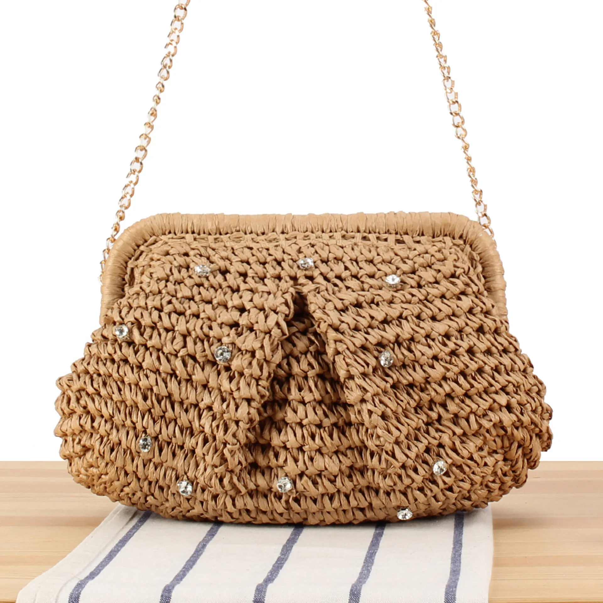 

Bohemian Diamonds Shell Straw Bag Rhinestone Woven Shoulder Crossbody Bag Summer Travel Beach Bags for Women Handbags Pouch NEW