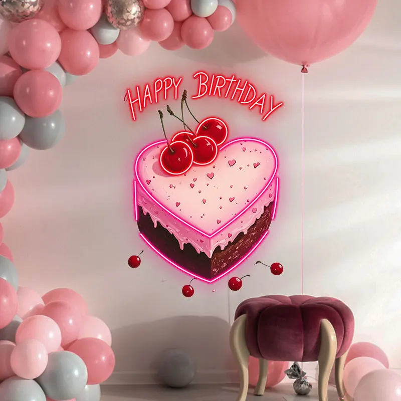 Heart-Shaped Cherry Cake Happy Birthday Neon Light, Cute LED Sign for Birthday Party, Perfect for Sweet & Festive Celebrations