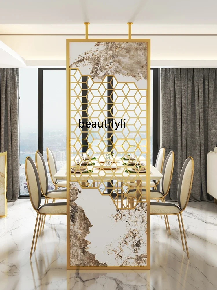 New Chinese Style Stainless Steel Light Luxury Screen Modern Simple  Partition Wall Dining Room Hallway Decoration Customization
