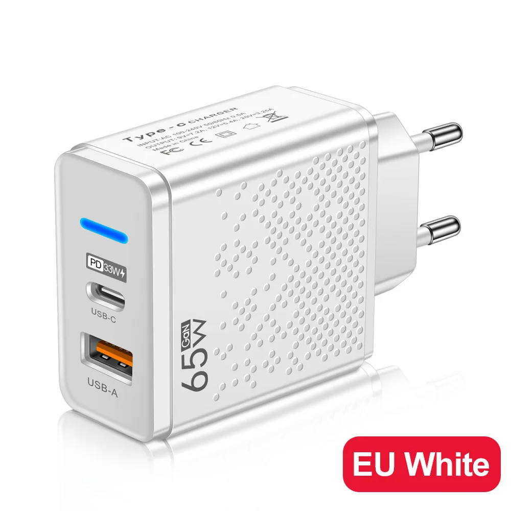 LED 65W USB-A + USB-C Fast PD Charger for iPhone Samsung Xiaomi Huawei Redmi Honor POCO USB Wall Charger Power Adapter EU/US/UK