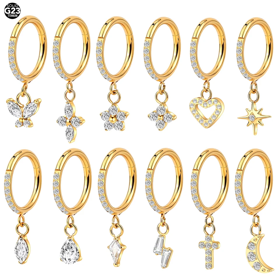 1 Pieza Pendientes de Titanio G23 para Mujer, con Colgante de Zirconia en Forma de Gota de Agua, Aro Cerrado Perforado, Joyería, Clicker para Septum, Anillo para la Nariz