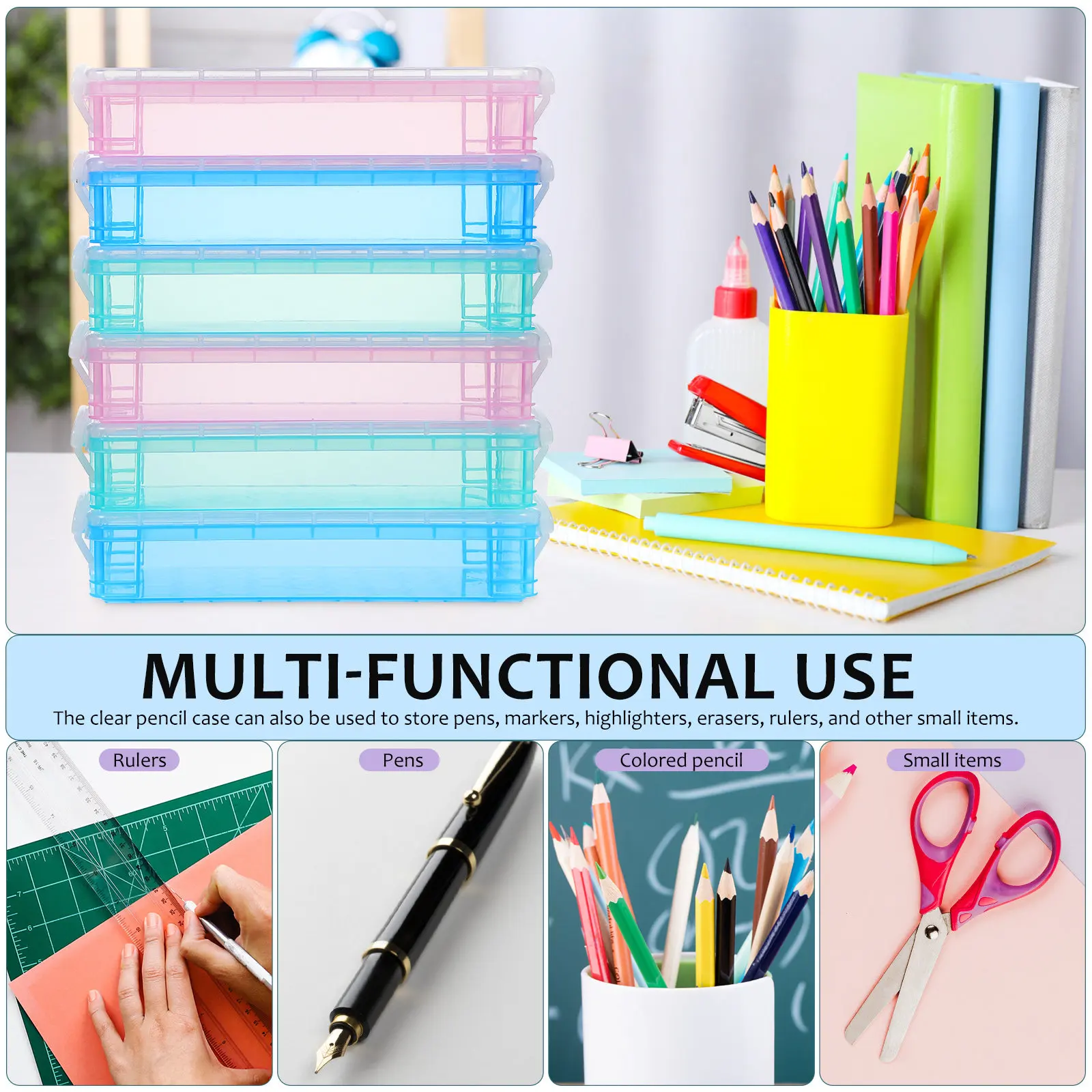 6Pcs Pencil Boxes Transparent Plastic Pencil Case Large Capacity Pen Storage Organizer for Markers Colored Pencils Art Brushes