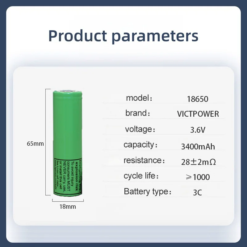 Victpower 18650 3400mAh 10 Packs High Drain 3C Rechargeable Li-ion Battery Cells Genuine Cells for Power Tools, Solar Storage