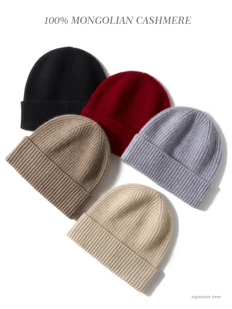

100% Mongolian Cashmere Thick Ribbed Beanie Women Elasticized Hem Soft Men Winter Knitted Hat Warm Caps Simple Basic