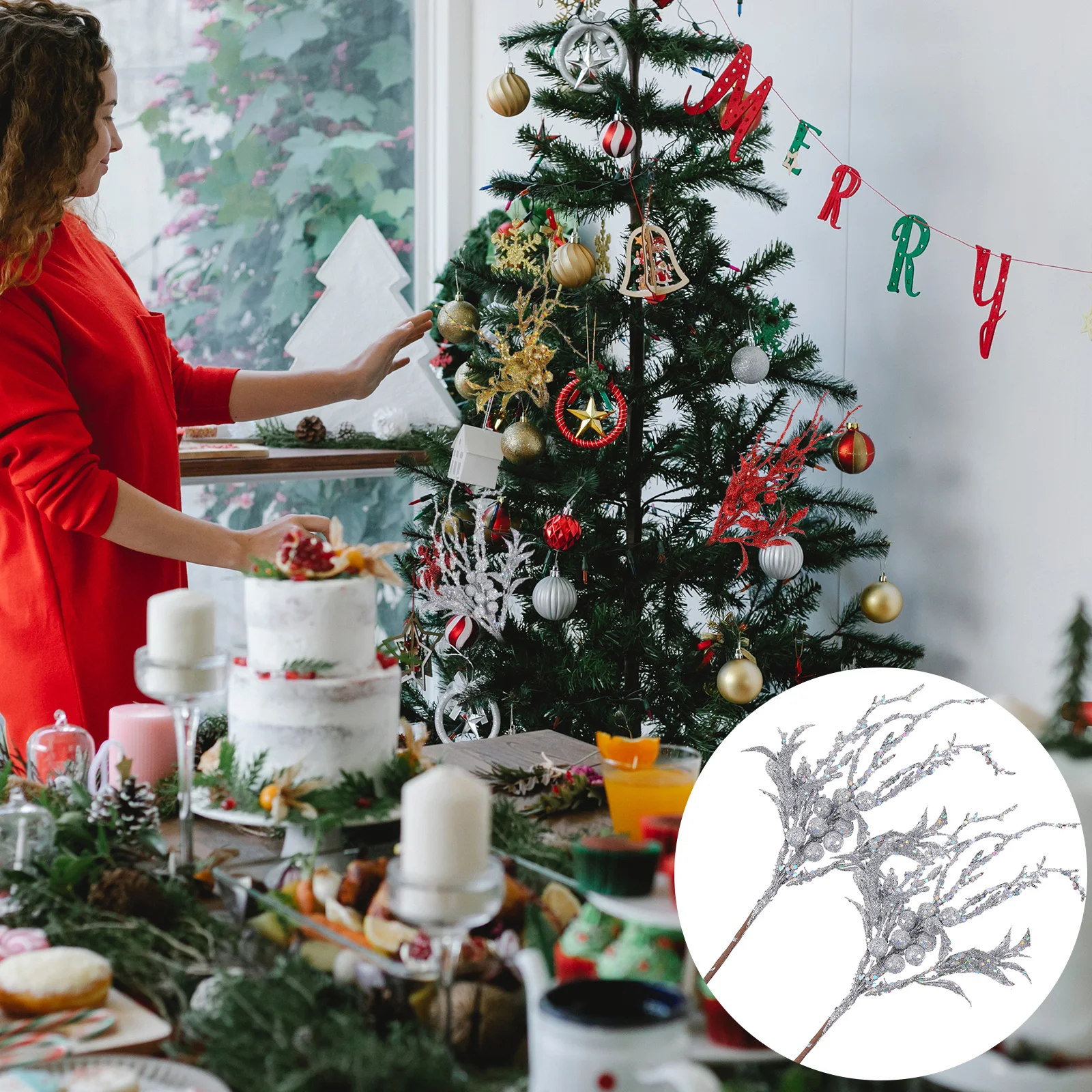 

2Pcs Christmas Leaf Picks Artificial Glitter Leaves for Xmas Tree Wreath DIY Glitter Leaf Spray Festive Decor DIY Bouquet Stem