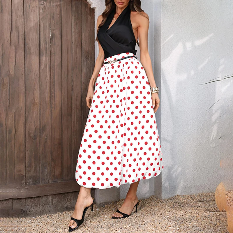 BKLD Women's Polka Dot Bud Skirt 2026 Summer Casual Loose Simple Contrasting Ruched Elastic Waist Long Half Skirt Fashion Outfit