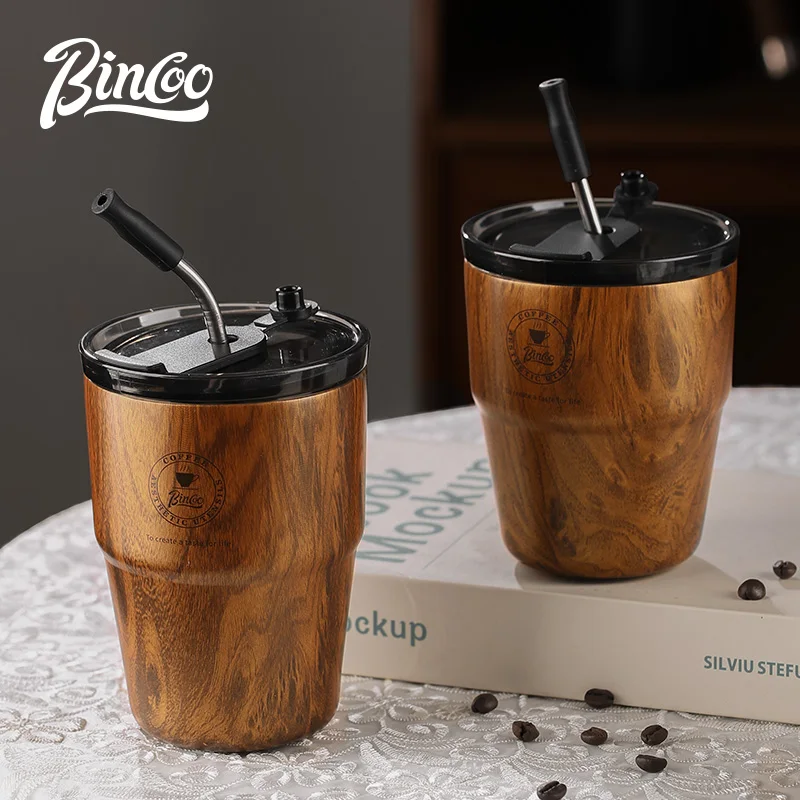 

BINCOO Insulated Travel Mug, Ceramic Liner Leakproof Design, Wood Stripe Exterior, Hot/Cold Drink Cup with Straw