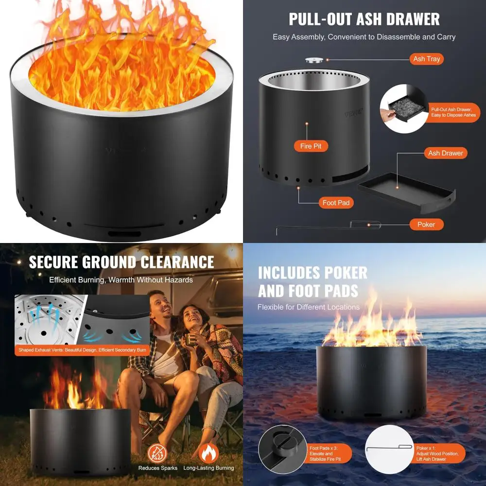 

28-дюймовая бездымная печь для костра, дровяной камин со съемной пепельницей, внутренний сердечник из нержавеющей стали