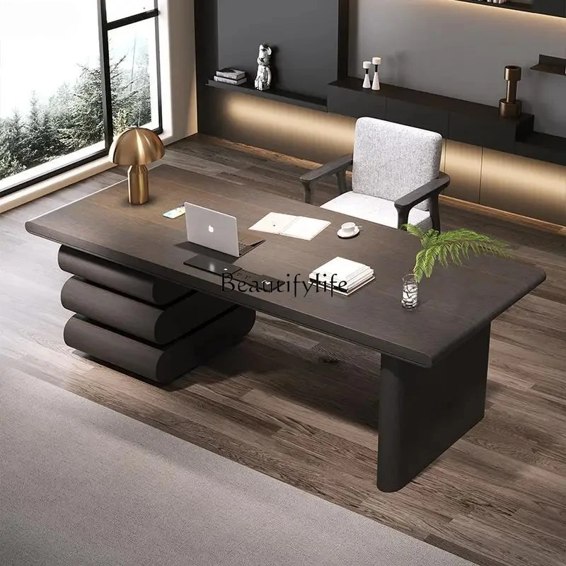 

Scrivania minimalista in legno massello , banco da lavoro lungo, scrivania per computer da studio di lusso a doppia luce