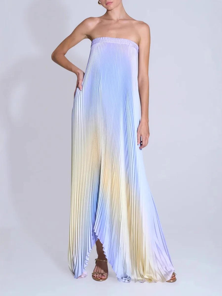 

Women Elegant Big Hem One Shoulder Party Dress Show Style Pleated Gala Gowns Banquet New 2026 Gradient Tube Tops Evening Dress