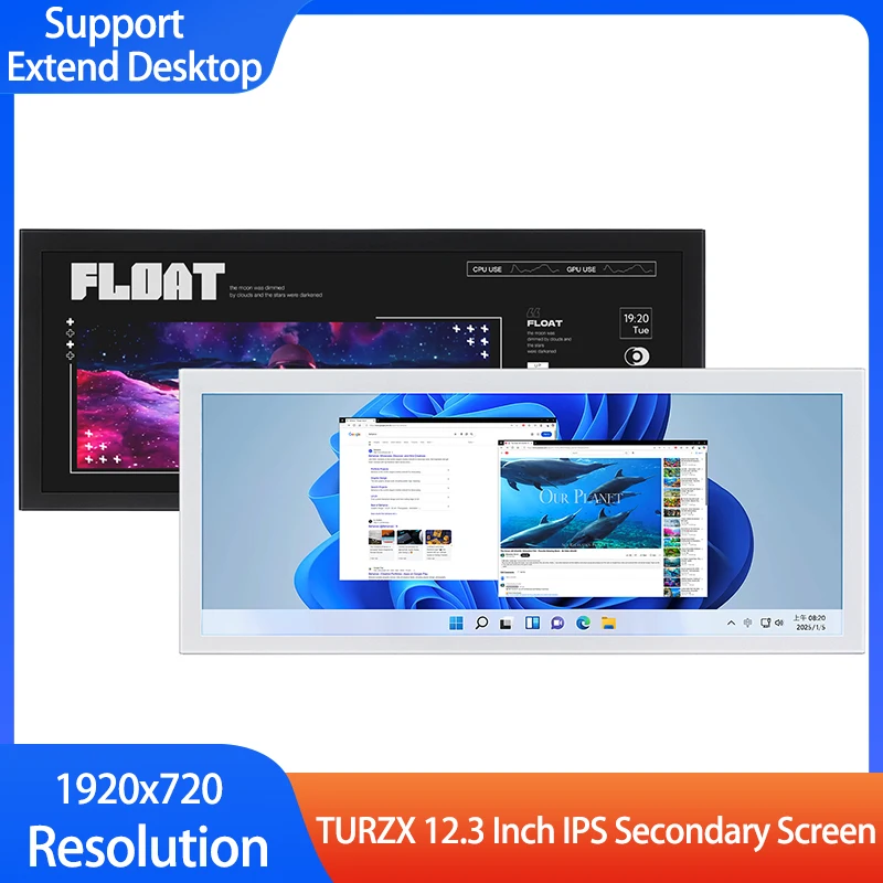 

TURZX 12.3 Inch IPS Secondary Screen Tpye-C CPU GPU RAM Smart Screen 1920x720 Support Extend Desktop For Windows 10 11