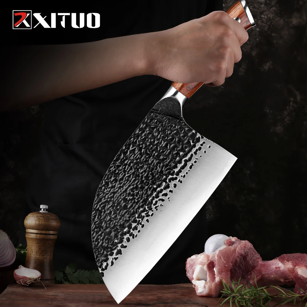 Full Tang Kitchen Chef Knife High Carbon Steel Cooking Dividing Knife Meat Cleaver wide blade Solid Wooden Handle Butcher Knife