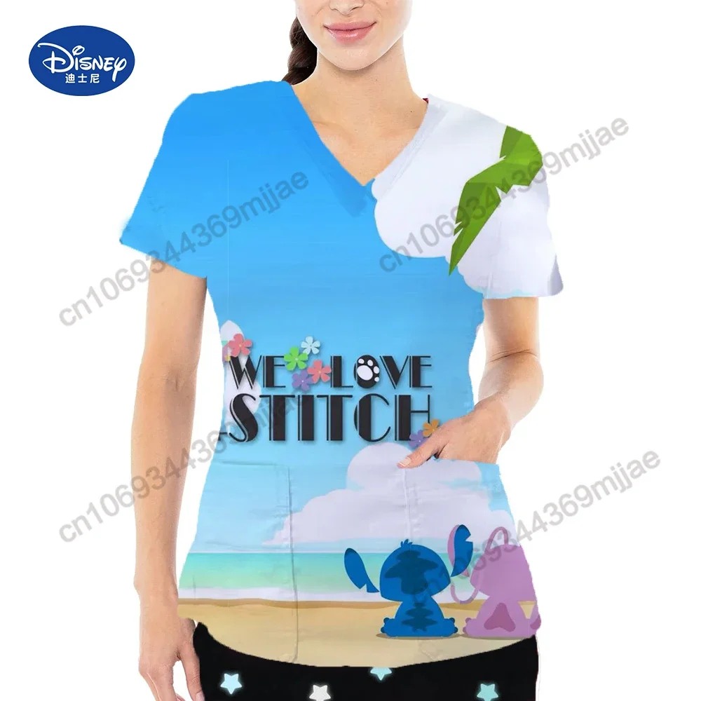 Disney Cartoon Printed Pattern Tops 2024 Summer Casual Lady's V-neck Double Pocket Design Style T-shirt Fashion Nurse unifort