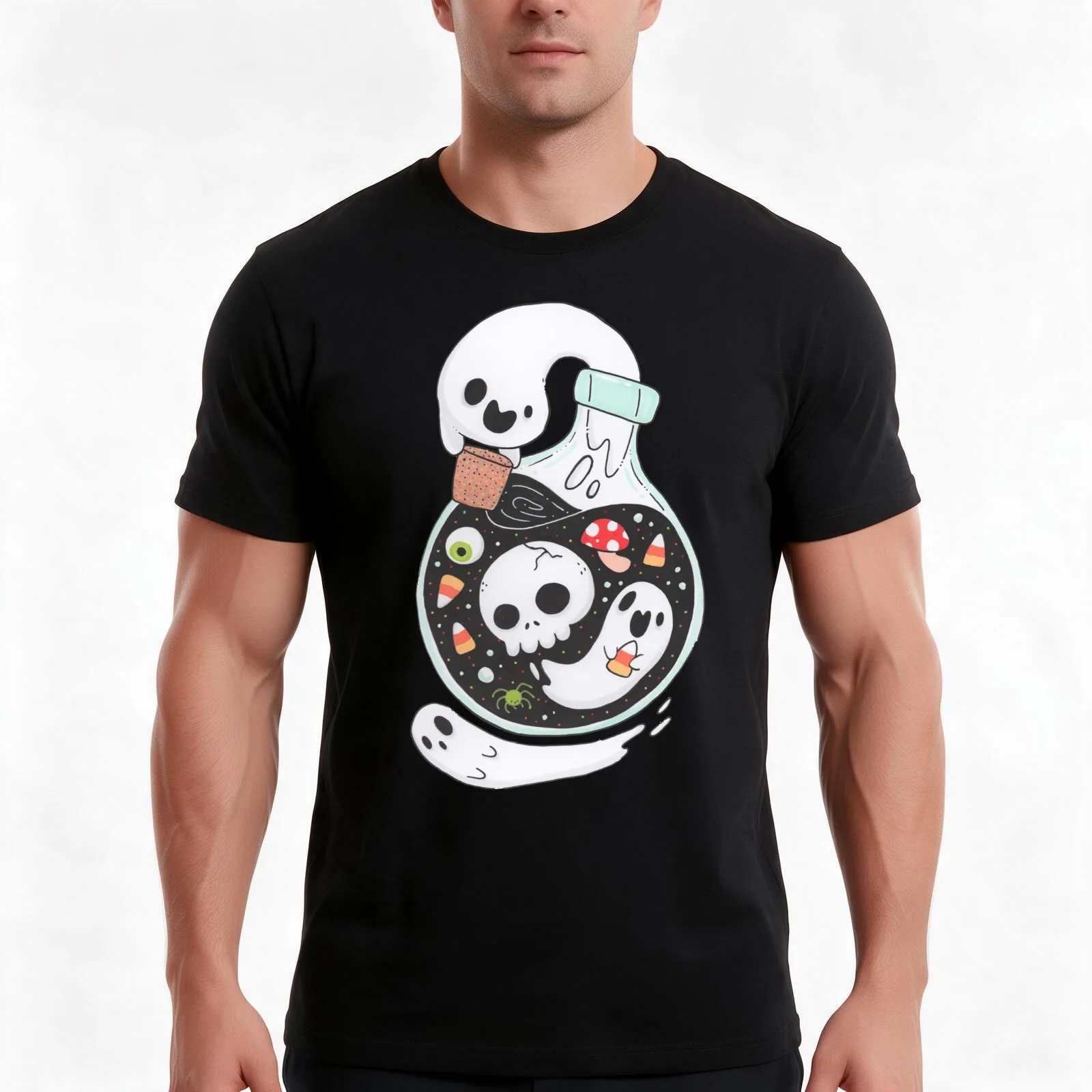 Ghostie Potion T-Shirt, Summer Casual Cotton Tee, Oversized Streetwear Tops, Vintage Graphic Print, Loose Fit Short Sleeve