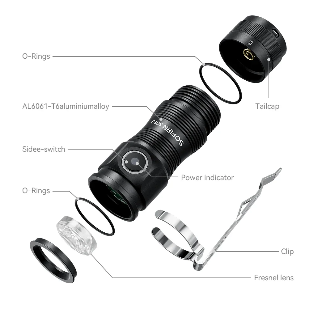 Lanterna tática Sofirn-Mini com chaveiro, tocha de emergência, SC13, SST40, LED, 6000K, 1300lm, 18350