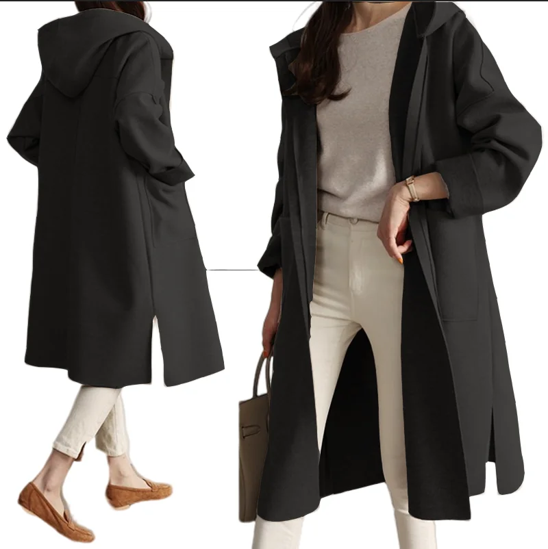 

Women Trench Coat Hooded Wool Blends Long Solid Colour Worsted Coats Personalised Autumn Winter Coat Skirted Trench S-3XL