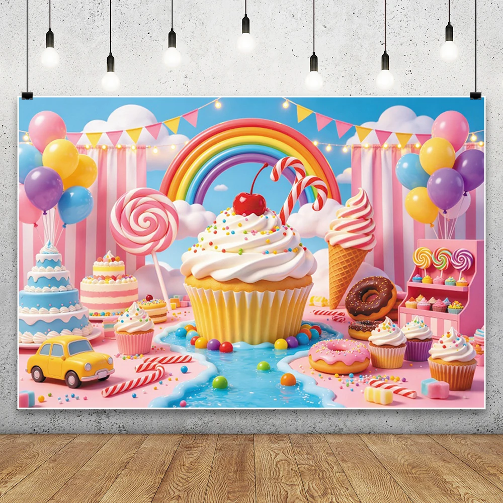 Dessert Rainbow Castle Photography Background Lollipop Ice Cream Sweet Girl Birthday Party Summer Baby Portrait Photo Backdrop view 5