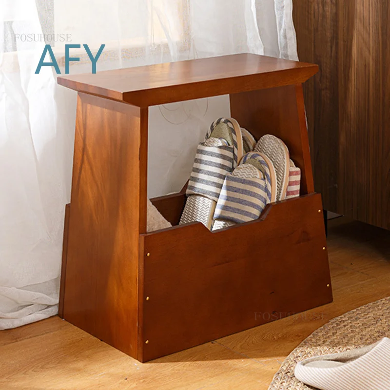 Solid Wood Japanese Style Shoe Changing Stool for Hallway Porch Entryway Kitchen Step Ladder for Bedroom Living Room Storage