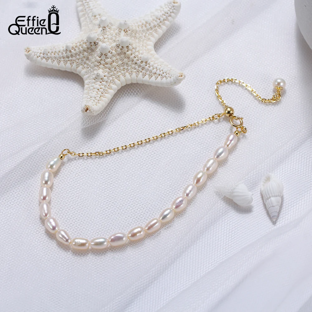 EFFIE QUEEN Unique 14K Gold Natural Freshwater Pearl Bracelet for Women S925 Silver Adjustable Bead Chain bracelet Jewelry GPB16