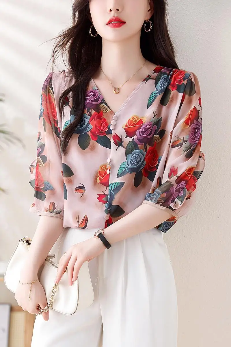 2024 New Autumn Women Tops New Fashion Silk Chiffon Blouse V-neck 3/4 Sleeve Casual Ruffles Floral Printed Shirt