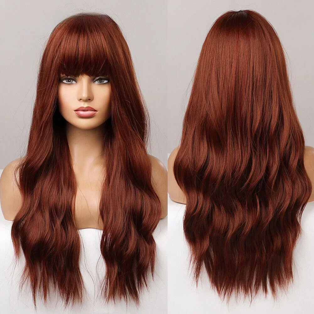 

Long Natural Wavy Red Brown Synthetic Wigs with Bangs Cosplay Party for Women