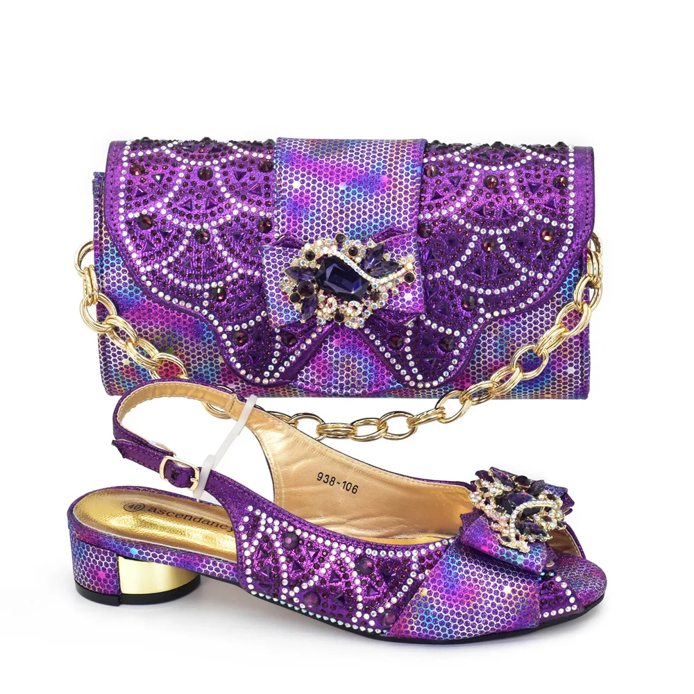

Pattern Popularity Newest Sandals Ladies Shoes and Bag Set Full Diamond Fashion Design Purple Color Pumps for Wedding Party