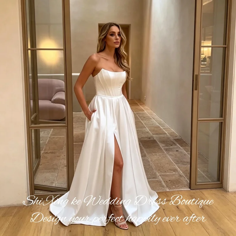 2026 Solid Satin Strapless Wedding Dress A‑Line Corset Back Bridal Gown Vestidos de Novia Customized