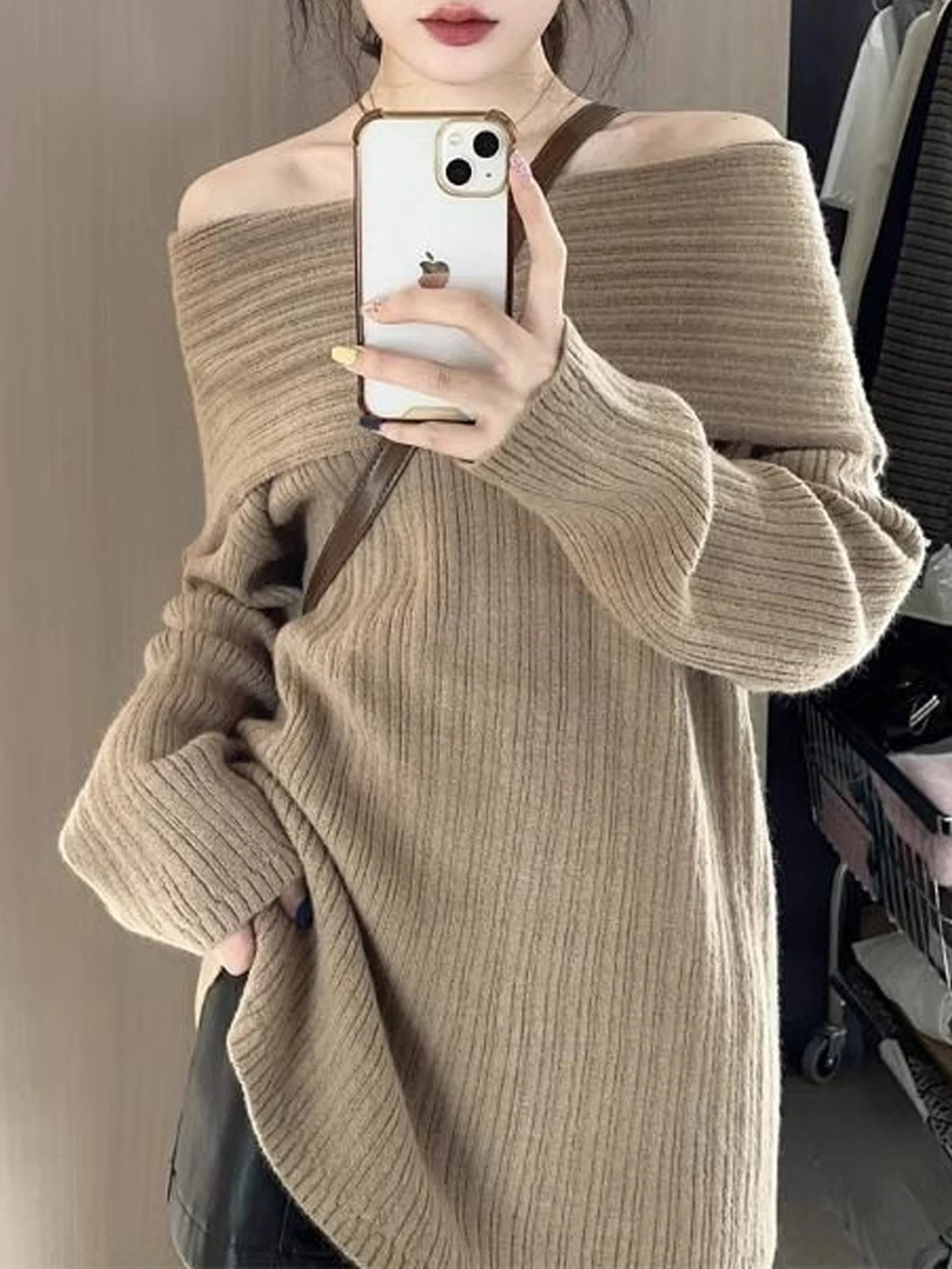

i Color One-oulder Knitted Sweater Women's Faion Lazy Sle oulder High-End Feeling Autumn Winter Top