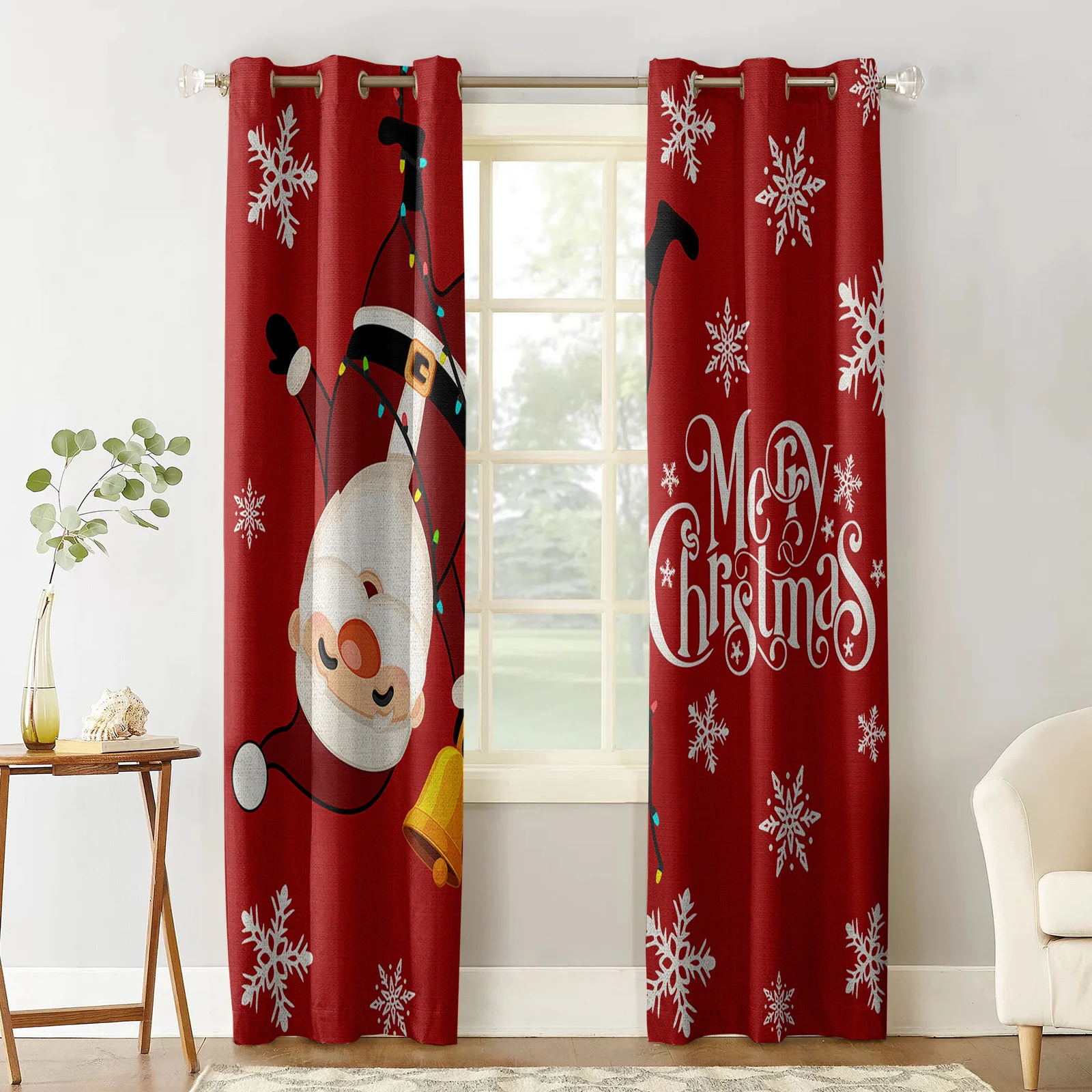 Christmas Santa Claus With Snowflake Red Curtains for Living Room Window Panels Bedroom Kitchen Drapes Home Decor Window Curtain