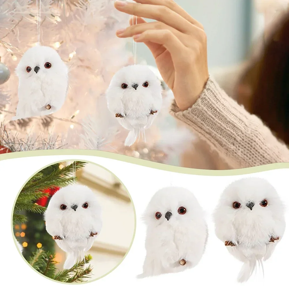 2Pcs White Plush Owl, Small Simulation Owl, Christmas Tree Hanging Ornaments, 2024 Christmas Decorations for Home, New Year 2025