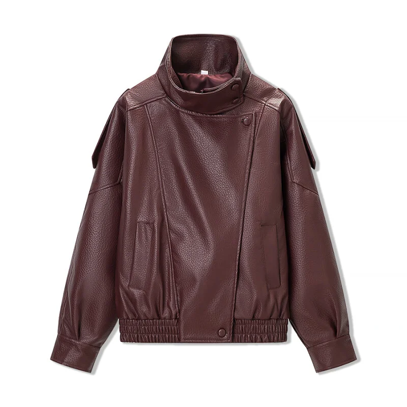 2026 New Arrival Women Stand Collar Leather Jacket Lychee Grain Faux Leather Casual Loose Moto Coat 3 Colors for Daily & Office