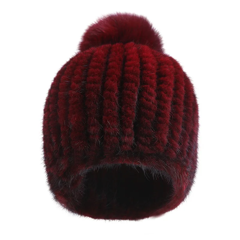 

100% real mink fur hat women winter knitted beanie Russian Girls cap with fox fur pom poms thick female cap Elastic