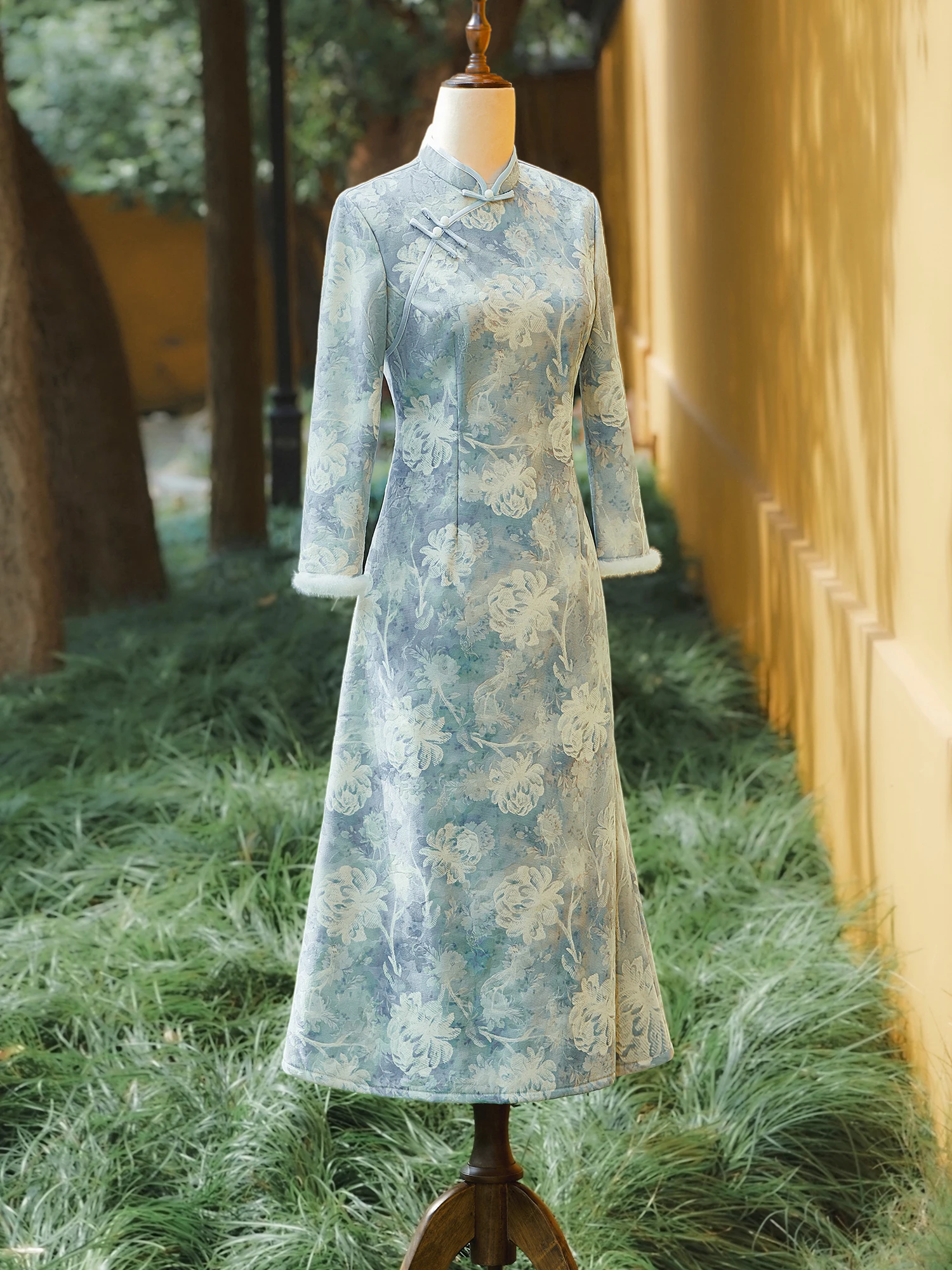 

Blue Long Sve Flag Robe Thiened Fce A-Line Vintage Daily Winter Wear for Mom Polyester Spandex Blend Warm Floral Pattern