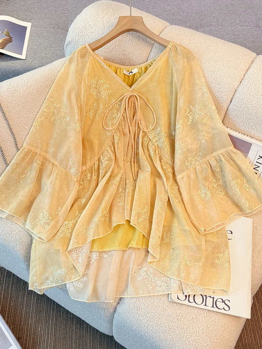 

150Kg Plus Size Women's Bust 153 Spring Autumn Long Sleeved V-Neck Ruffled Shirt With Lace Tie Up 5XL Yellow 5XL 6XL 7XL 8XL 9XL