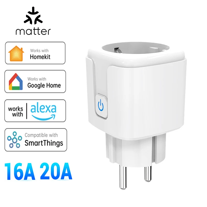 Matter Smart Wi-Fi EU Plug with Energy Monitor Function Work with Apple Homekit Google Home Smartthings Alexa
