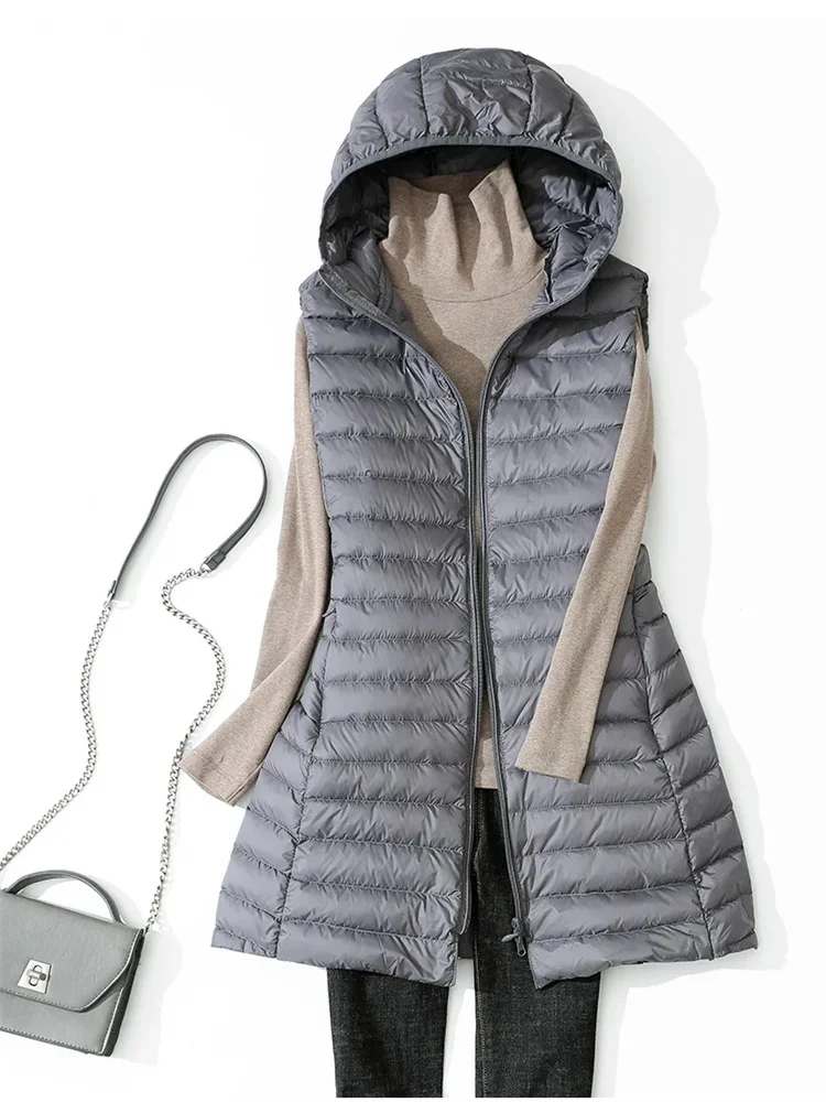 

Autumn Winter Sleeveless Hooded Down Waistcoat Women Ultra Light White Duck Down Vest Female Midi Long Tank Coat Parkas