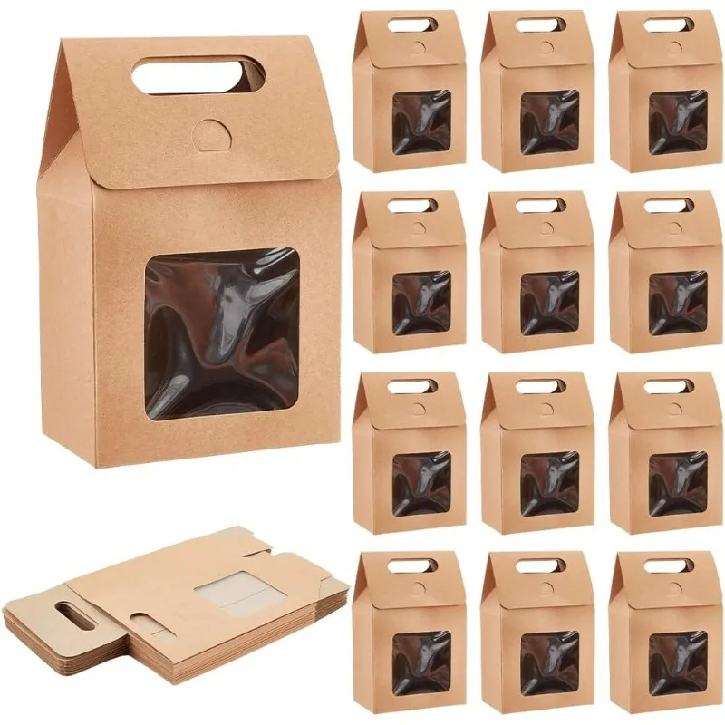 

24pcs Goodies Gift Boxes Gable Candy Treat Kraft Paper Boxes with Clear Windows for Packaging Christmas Halloween