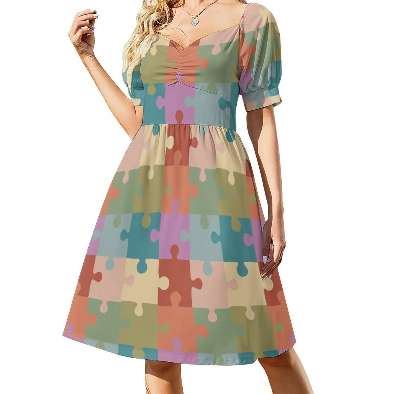 pastel jigsaw puzzle Sleeveless Dress Woman clothes Long dresses Dress