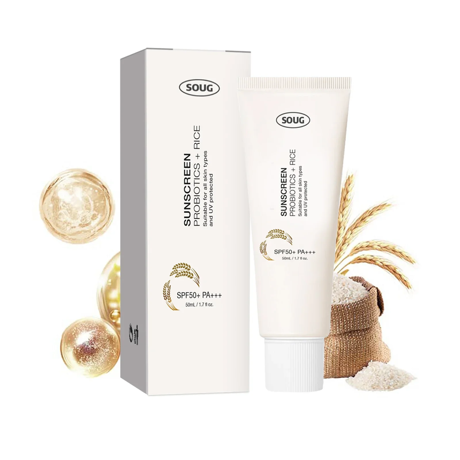 Rice Probiotics Organic Sunscreen SPF50+ PA++++ 50ml - Natural UV Defense, Moisturizing & Waterproof