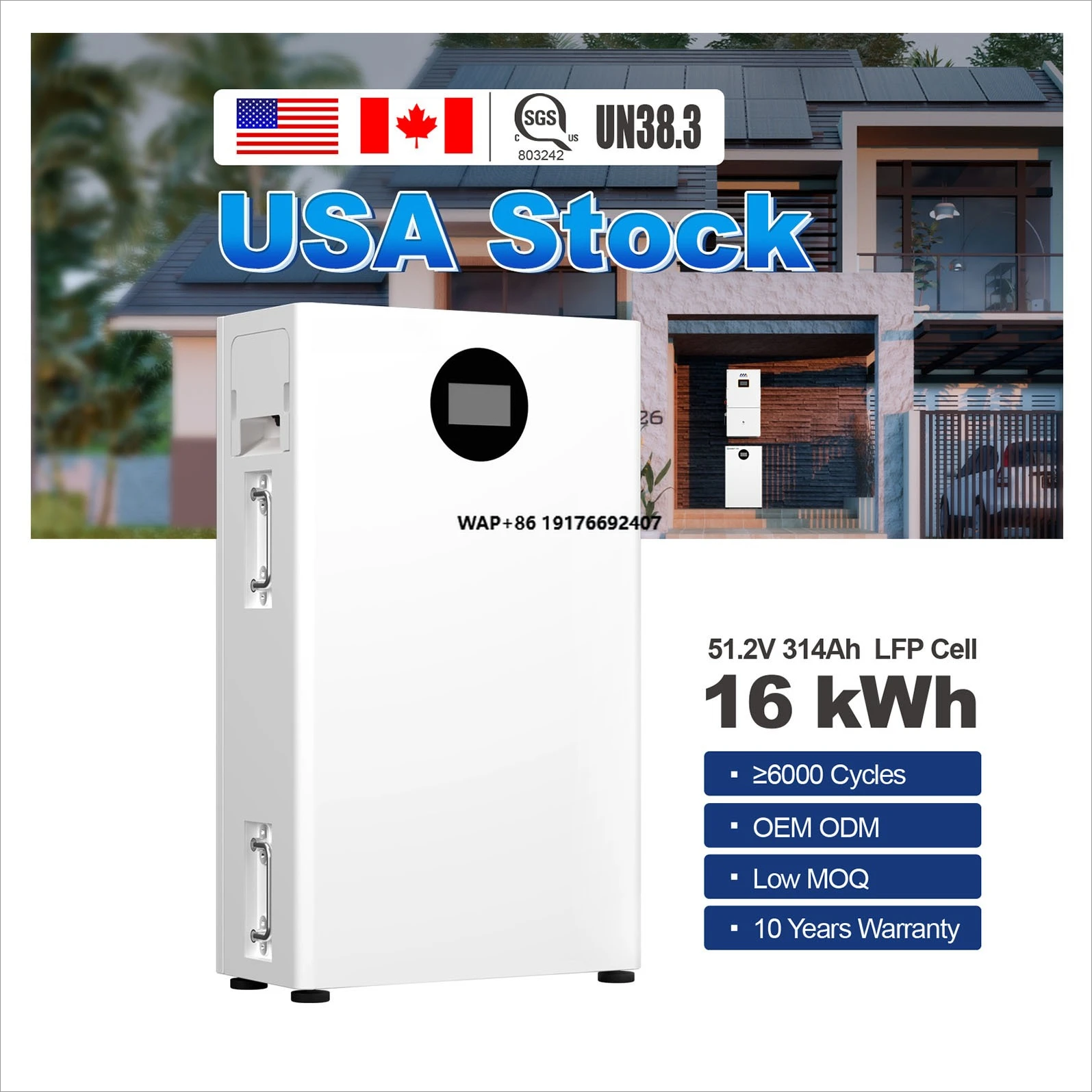 Sunket 15KWH Solar Battery 51.2V Lithium Iron Phosphate 300AH Energy Storage Cost with UL SGS