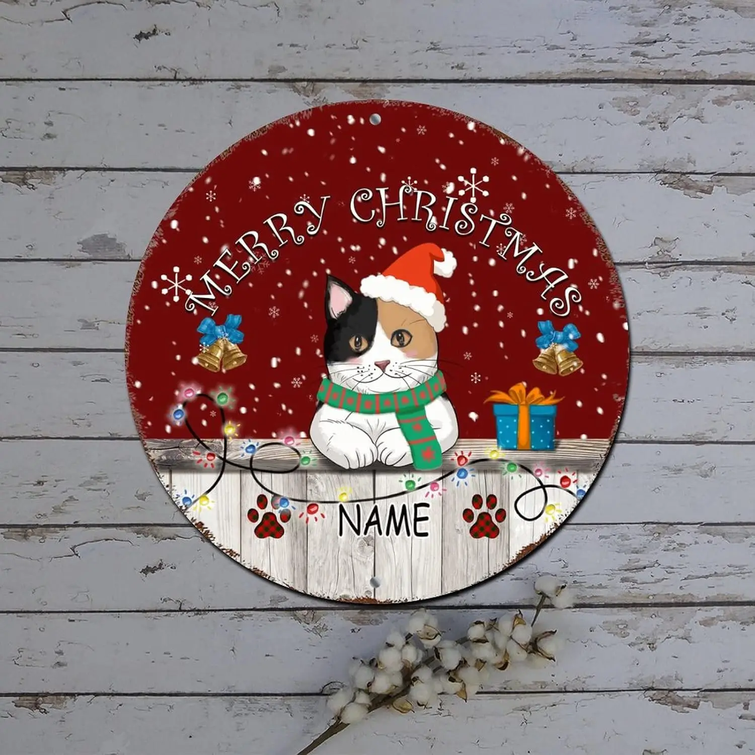 Christmas Metal Tin Signs Custom Cat Name Winter Snow Scene Round Metal Tin Sign Christmas Indoor Decorations Vintage Aluminum S