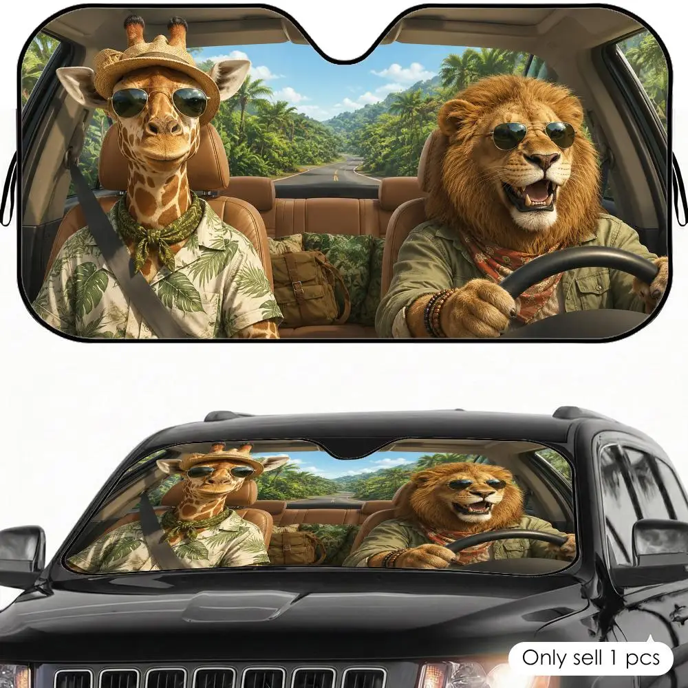 Lion and deer pairing Sun Visor Car Sun Shade Front Windshield Coverings Blocker Auto Protector Window Visor Screen Cover