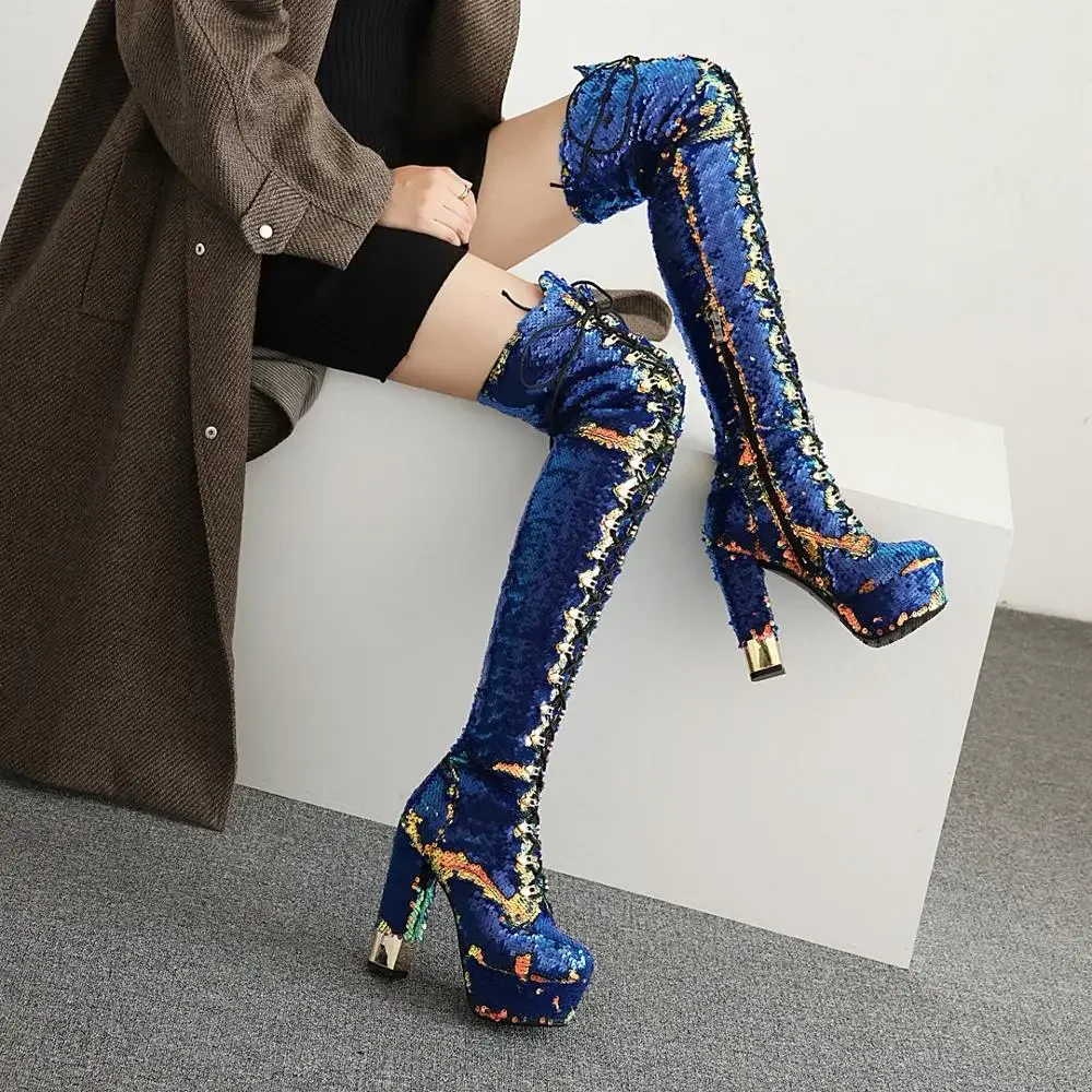 

Sequined Women Over The Knee High Boots Super High Heels Platform Ladies Boots Party Wedding Shoes Woman Size 41 42 43