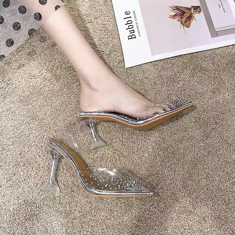 Women High Heel Shoes Summer Bling Transparent Plastic Thin Heels Women Slingbacks Shoes Dress Party Pionted Toe Heels Shoes