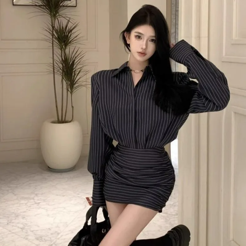 Robes chemise pour femmes Kpop sensuelles t-shirts Sexy courbés en Promotion Chic et élégant jolie robe à manches longues pour femme à rayures chaudes