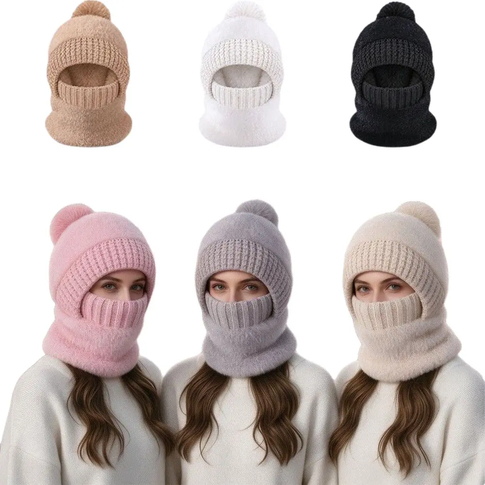 New Faux Mink Velvet Balaclava Hat Pom Pom Fluffy Fleece Knit Beanie Neck Warmer Knitted Ribbed Brim Face Mask Hat Women