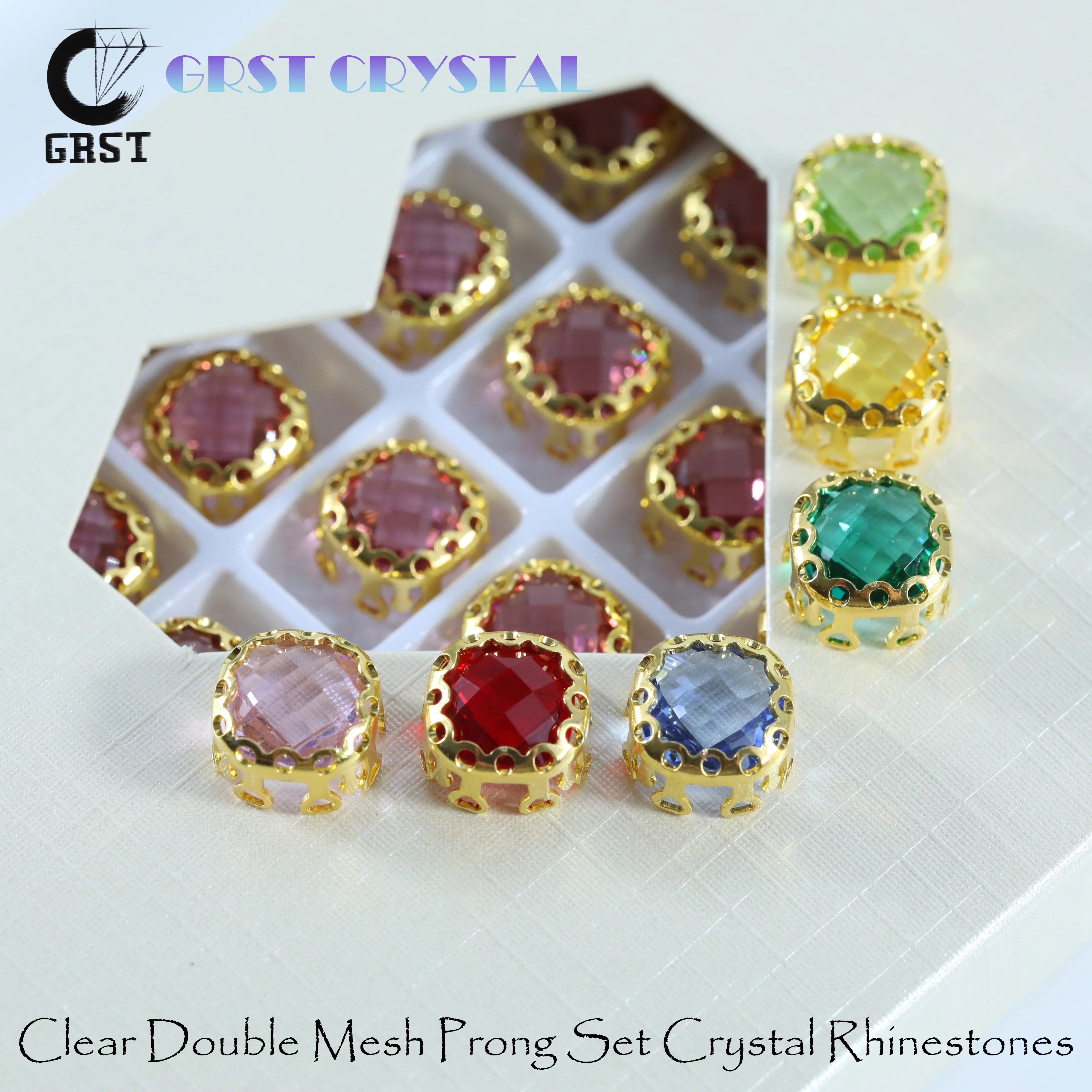 Double Mesh Icy Clear Lace Gold Claw Cup Rhinestones, Transparent Crystal Strass Sew On Stones for Wedding Dress Garment DIY