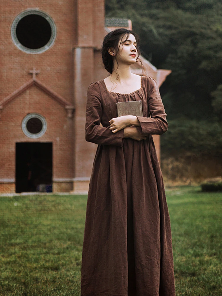 

Victorian Medieval Court European Retro Aosphere Linen High Waist Long Sve Dr Spring Autumn Gauze A-Line Skirt