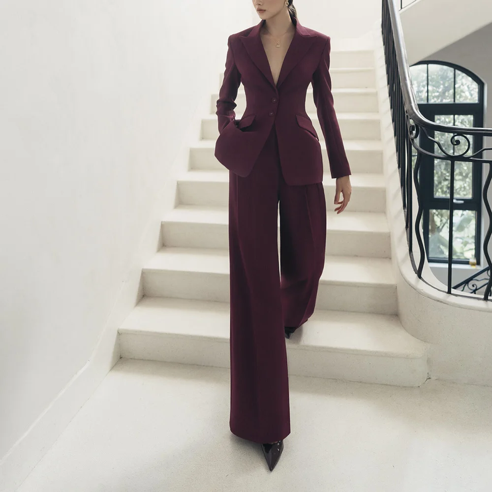 

Elegant Wine Red two Pieces Suit Set for Women Single Breasted Jacket Wide Leg Pant Set Slim Fit Office Business Female Clothing