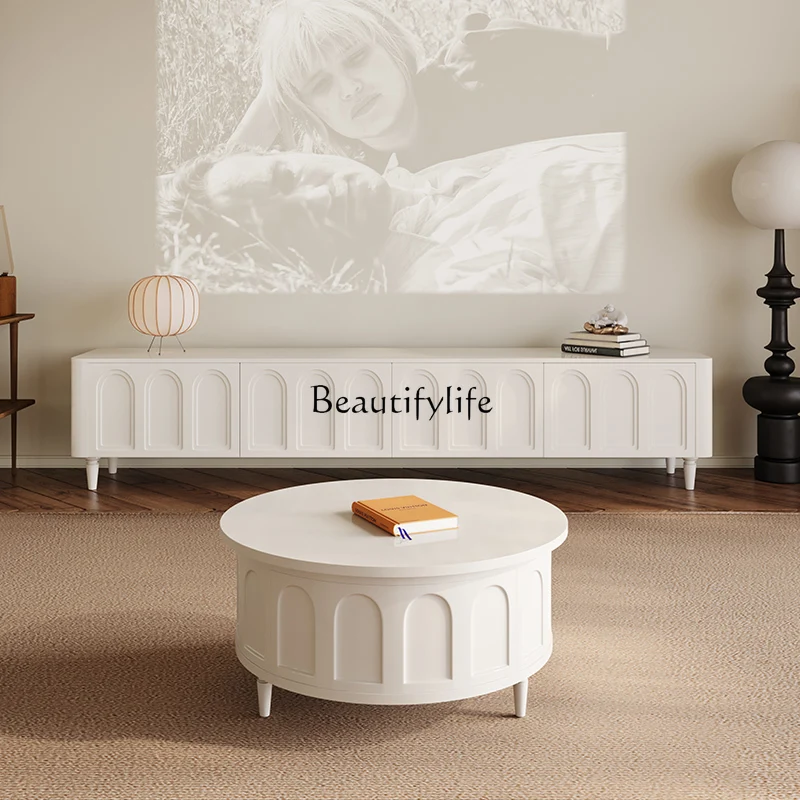 French Style TV Cabinet and Tea Table Combination Living Room Solid Wood Small Apartment Cream Style TV Stand